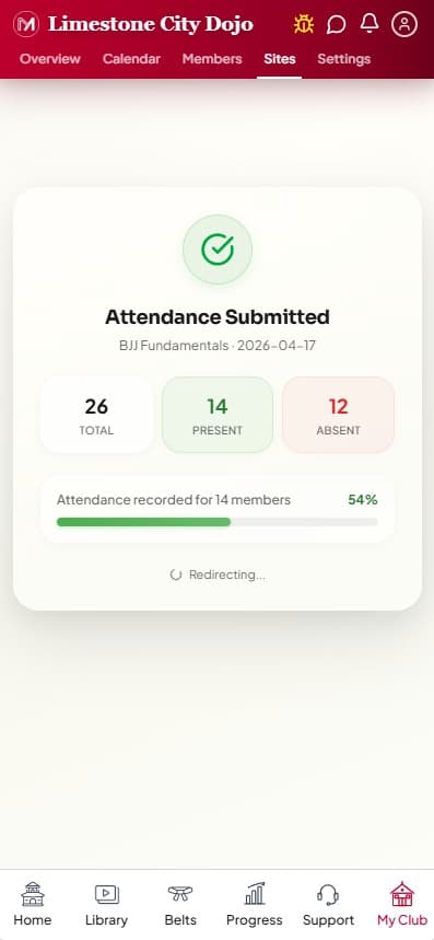 Martial Apps attendance submitted confirmation with total, present, and absent counts