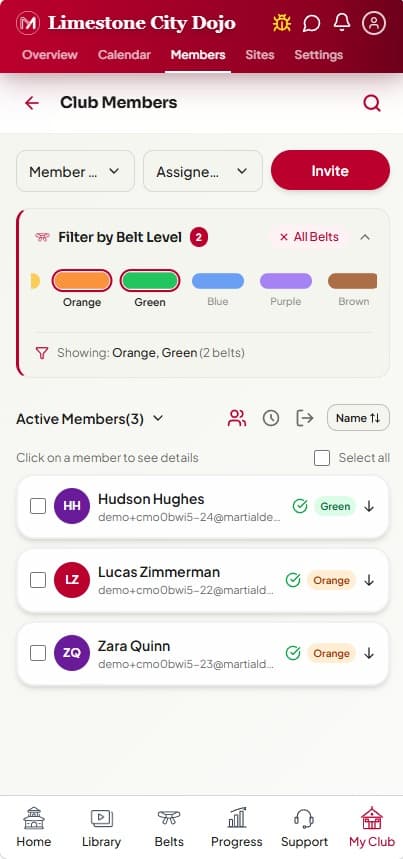 Martial Apps club members list with belt-level filters, invite button, and active member directory