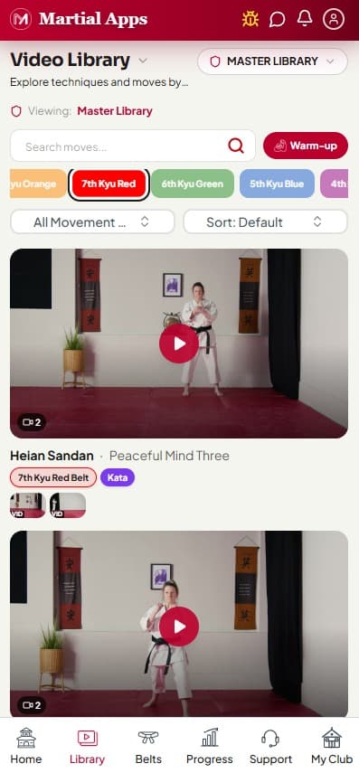 Martial Apps video library filtered by 7th Kyu Red belt with Heian Sandan kata preview